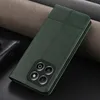 A dark green leather phone case with a camera cutout is shown on a dark surface with textured fabric in the background. Produktbild-Vorschau