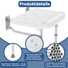A close-up marketing image of a foldable shower seat with various feature callouts. Voir les images du produit