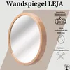 A round wooden mirror is shown with text and icons highlighting its features. Anteprima dell’immagine prodotto