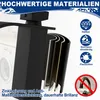 A close-up marketing image of a black waterfall faucet, highlighting its layered construction and features with text overlays and icons. Produktbild-Vorschau
