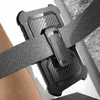 A close-up of a black phone case with a belt clip attached to a gray belt. Náhľad obrázku produktu