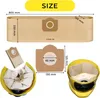 A collage of images showing vacuum cleaner bags and their dimensions, along with a vacuum cleaner with bags inside. Produktbild-Vorschau