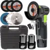 A collection of tools and accessories for a mini angle grinder, including the grinder itself, batteries, charger, and various cutting and grinding discs, all arranged on a white background. Produktbild-Vorschau