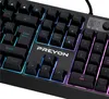 A close-up view of a black gaming keyboard with RGB backlighting. Produktbild-Vorschau