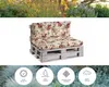A pallet sofa with floral cushions is shown against a white background, with icons and text below describing product features. Voir les images du produit