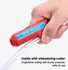 A hand holding a red wire stripper tool with a white cable inserted. Voir les images du produit