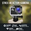 A hand holding an action camera with marketing text and feature callouts at the bottom. Produktbild-Vorschau
