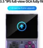 Close-up of a purple handheld gaming console with a screen displaying an upward arrow icon. Produktbild-Vorschau