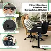 A woman is working at a height-adjustable desk in a home office setting, with close-up insets showing product features. Produktbild-Vorschau