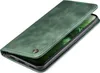 A green flip case for a smartphone is shown from a diagonal angle, with the phone screen visible inside. Produktbild-Vorschau