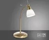 A brass LED desk lamp with a white glass shade is shown against a gradient gray background. Produktbild-Vorschau