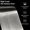 A close-up of brushed stainless steel with text overlays describing its properties. Produktbild-Vorschau