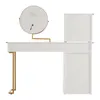 A white vanity table with a gold metal frame and a round mirror with a gold frame. Voir les images du produit