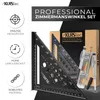A marketing image showcasing a set of professional carpenter's squares with accompanying accessories, presented with feature callouts. Produktbild-Vorschau