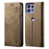 A brown flip-style phone case for a Motorola Edge 50 Pro is shown from the front and back. Produktbild-Vorschau
