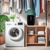 A laundry room setting with a washing machine, clothes drying on a rack, and a dehumidifier. Anteprima dell’immagine prodotto