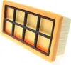 A rectangular air filter with an orange frame and yellow pleated filter material, divided into sections by a black grid. Produktbild-Vorschau