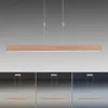 A long, rectangular LED pendant light with a wood finish, shown against a gradient background. Below the main image are three smaller images showing the light in different ambient lighting conditions. Produktbild-Vorschau