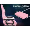 A pink gaming chair with a retractable footrest highlighted with dimensions. Podgląd zdjęcia produktu