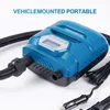 A blue and black electric air pump with a digital display and a car charger plug. Podgląd zdjęcia produktu