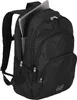 A black backpack with a laptop partially inserted into a side pocket. Produktbild-Vorschau