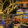 Collage of four outdoor scenes decorated with warm white string lights. Voir les images du produit
