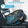 A toilet seat with a marble pattern is shown, with text highlighting its features. Produktbild-Vorschau