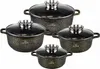 A set of four black and gold speckled pots with glass lids and silver handles are arranged in a group on a white background. Náhled obrázku produktu