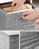 A collage of images showing a person's hands interacting with a gray fabric storage box, with close-ups of the box's texture and corner. Produktbild-Vorschau