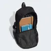 An open black Adidas backpack with a notebook and a blue book inside, and a black water bottle on the side. Produktbild-Vorschau