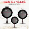 A size chart showing three cast iron skillets with dimensions labeled. Produktbild-Vorschau