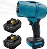 A teal and black leaf blower with two black batteries. Náhled obrázku produktu