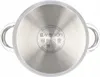 The bottom of a stainless steel pot is shown, with brand and compatibility information printed on it. Voir les images du produit