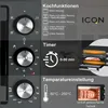 A close-up view of the controls and features of a black mini oven, with marketing text and graphics. Produktbild-Vorschau