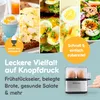 A collage of images showing different egg dishes and a compact egg cooker, with text overlays promoting its features. Produktbild-Vorschau