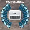 A white dehumidifier is shown on a wooden floor, surrounded by circular icons detailing its features. Produktbild-Vorschau