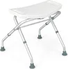 A white shower stool with a curved seat and adjustable aluminum legs with gray rubber feet, shown on a white background. Produktbild-Vorschau