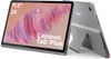 A Lenovo Tab Plus tablet is shown from the front and back, with a kickstand deployed. The screen displays a clock and marketing text. Produktbild-Vorschau