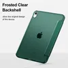 A dark green iPad case with a frosted clear back is shown at an angle against a white background. Text overlays describe the product's features. Produktbild-Vorschau