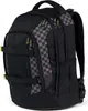 A black backpack with a checkered pattern and yellow accents. Produktbild-Vorschau