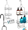 Two black metal shower caddies are displayed against a white background. One caddy is empty and has three tiers. The other caddy is filled with two blue bottles and one brown bottle of shampoo/conditioner, and a bar of soap. A blue bath pouf is also visibl Anteprima dell’immagine prodotto