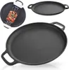 A black cast iron pan is shown from multiple angles against a white background, with a product label attached to one of the pans. Voir les images du produit