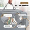 A close-up of a gray storage bag with various features highlighted by circular overlays and text. Produktbild-Vorschau