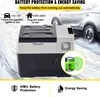 A portable car refrigerator is shown in a marketing image with overlaid text and graphics highlighting its features. Produktbild-Vorschau