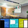 A conference room with a projector screen displaying charts and graphs, and three feature callouts at the bottom. Produktbild-Vorschau