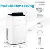 A portable air conditioner with its accessories and dimensions displayed. Produktbild-Vorschau