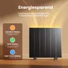 A black electric heater is shown with glowing orange light emanating from the top, set against a warm brown background. To the left, a panel displays different operating modes with icons and text. Produktbild-Vorschau