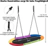 A colorful oval nest swing suspended by ropes, with diagrams and text indicating its features and specifications. Anteprima dell’immagine prodotto