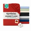 A stack of folded fitted sheets in various colors, with one red sheet prominently displayed in the foreground with product information. Produktbild-Vorschau