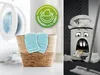 A split image showing a laundry basket with blue cloths on the left and a trash can with a cartoon face and money on the right. Produktbild-Vorschau